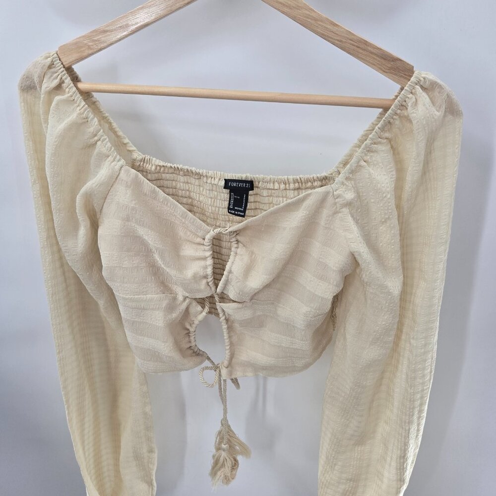 Forever 21 Cream Ruched Back Balloon Sleeves Off Shoulder Crop Top Size Small - Picture 5 of 14